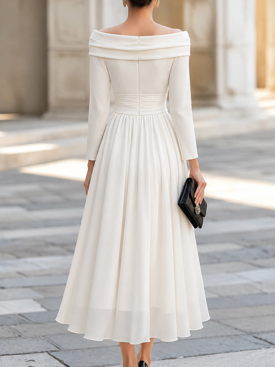 Off-Shoulder Draped Neckline A-Line Midi Dress