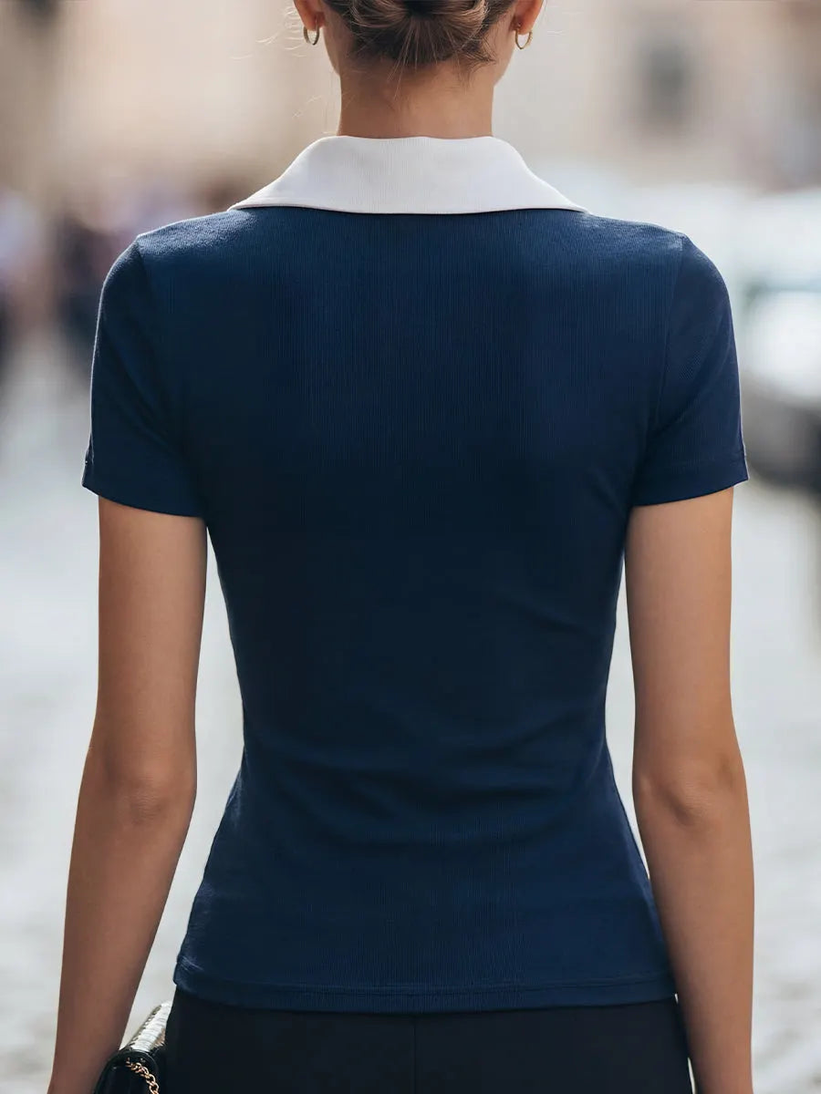 Contrast Notch Collar Short Sleeve Fitted Top