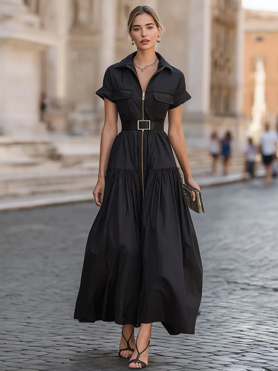 Belted Zip-Front Utility Maxi Dress