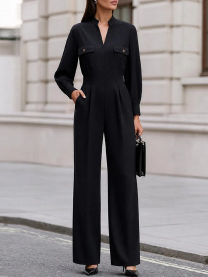 Stand Collar Button Pocket Long Sleeve Wide Leg Tailored Jumpsuit