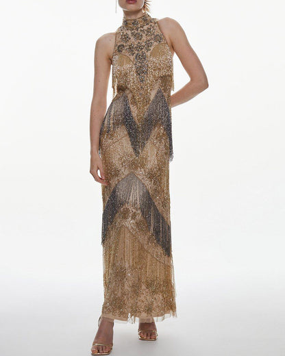 Embellished Fringed Halter Maxi Dress