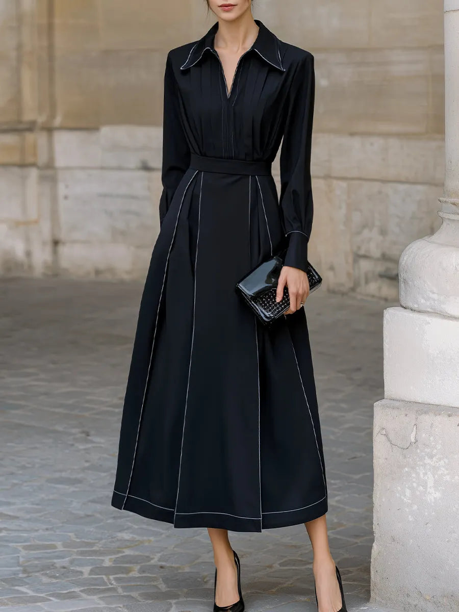 Contrast-Piped Shirt Collar Midi Dress