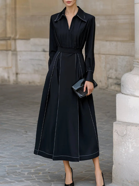 Robe mi-longue à col chemise et passepoil contrastant