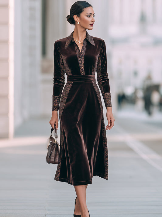 Velvet Leopard Panel Shirt Midi Dress