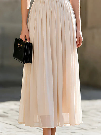 High-Neck Sleeveless Chiffon Pleated Maxi Dress