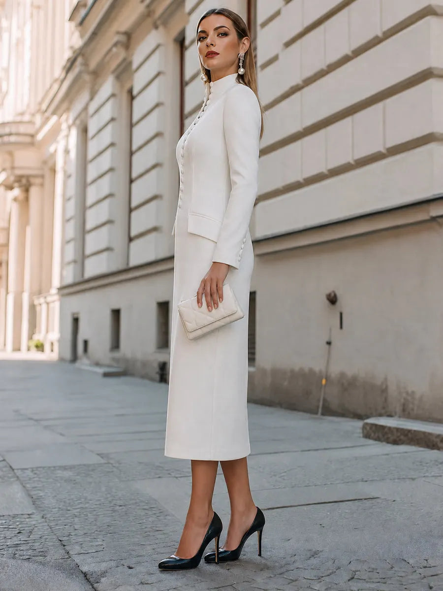 High-Neck Button-Front Pencil Midi Dress