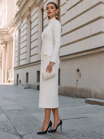 High-Neck Button-Front Pencil Midi Dress