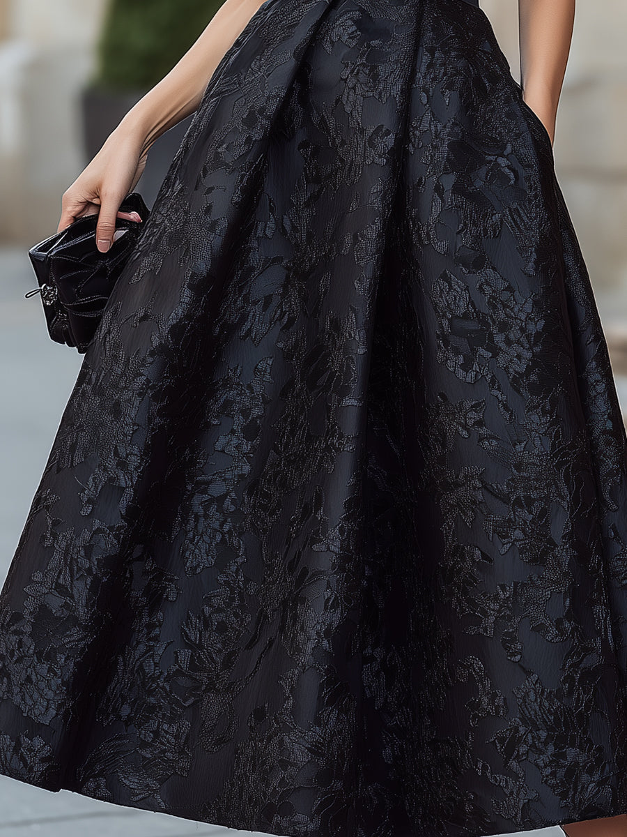 Vintage Jacquard Off-the-Shoulder Bow Formal Midi Gown