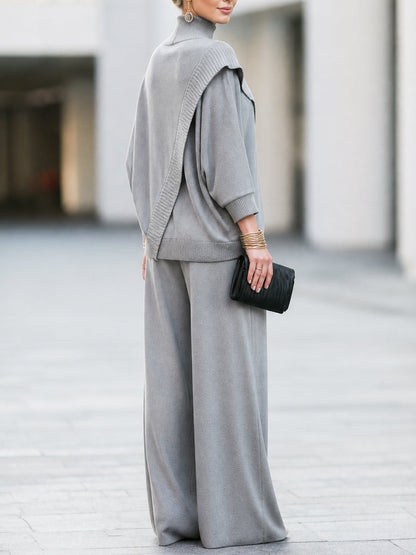 Cowl Neck Batwing Sleeve Knit Top With Wide Leg Pants Set
