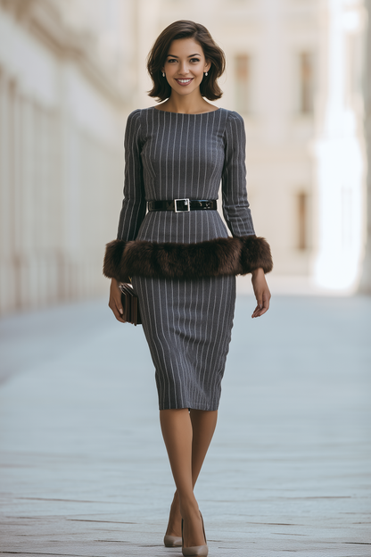 Pinstripe Faux-Fur Cuff Belted Midi Dress