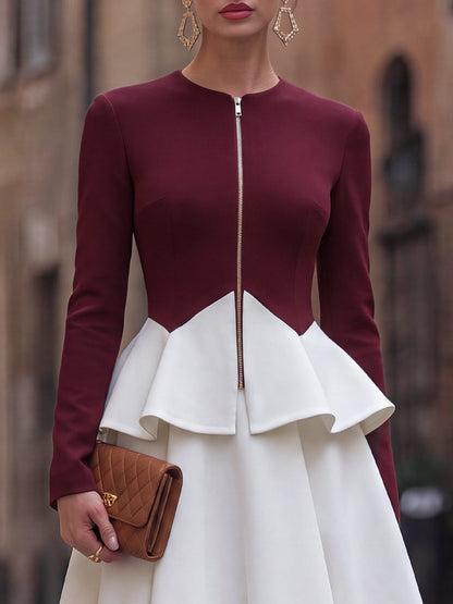 Color-Block Peplum Zip-Front Midi Dress