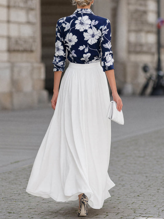 Floral Print Button-Down & High-Waisted Maxi Skirt Set