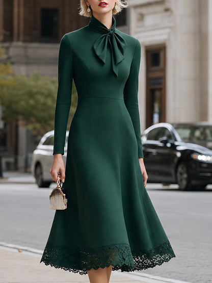 Tie-Neck Lace-Hem A-Line Midi Dress