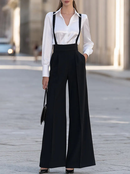 Black Suspender Wide Leg Trousers With White Blouse Set