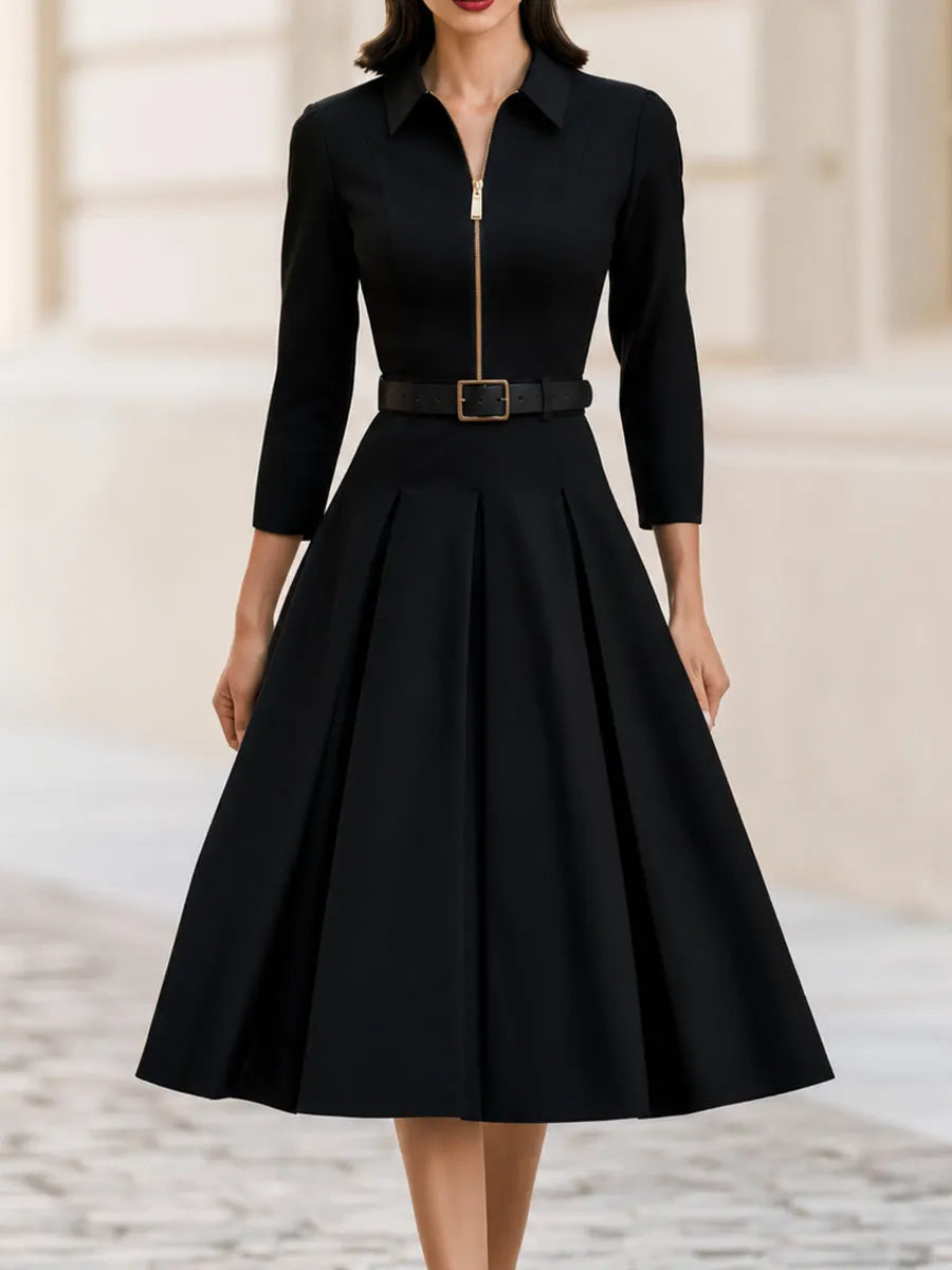 Collar Zip Front 3/4 Sleeve Belted Pleated Midi Dress