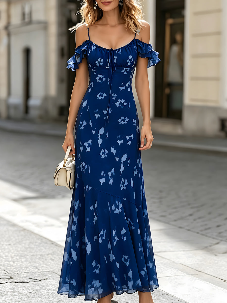 Off-Shoulder Ruffle Sleeve Printed Maxi Dress