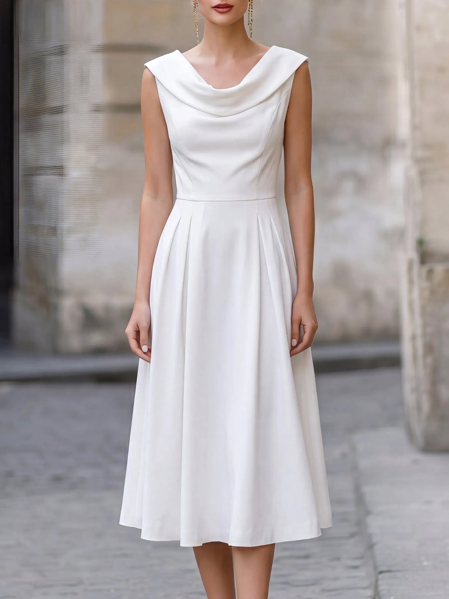 Cowl Neck Sleeveless Pleated A-Line Midi Dress