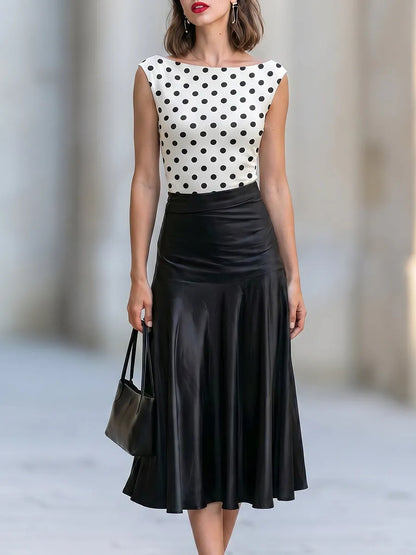 Polka Dot Satin Two-Piece Midi Skirt Set