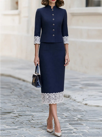 Stand Collar Button Front Lace Cuff Cropped Jacket & Lace Hem Midi Pencil Skirt