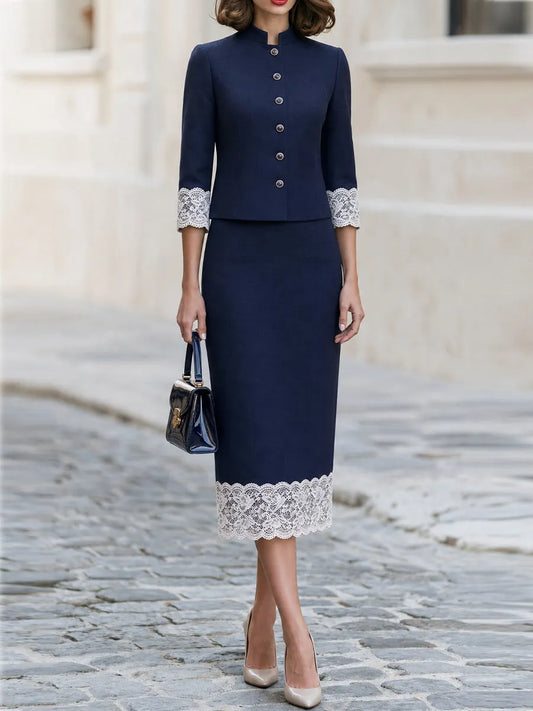 Stand Collar Button Front Lace Cuff Cropped Jacket & Lace Hem Midi Pencil Skirt