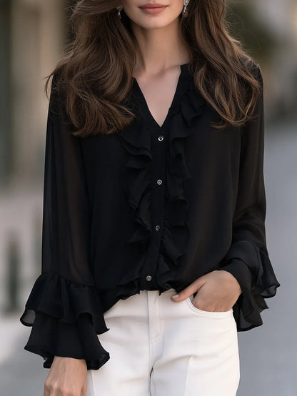 Ruffled Chiffon V-Neck Tiered Bell Cuffs Blouse