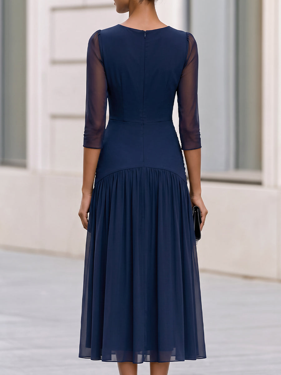 Split V Neck Ruched Sheer 3/4 Sleeve Chiffon Midi Flared Dress