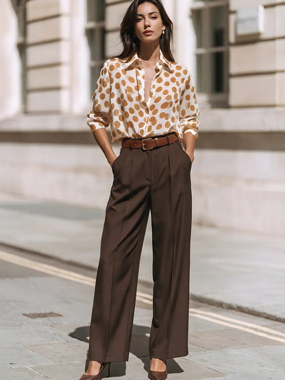 Polka Dot Button-Front Blouse With Tailored Wide-Leg Trousers Set