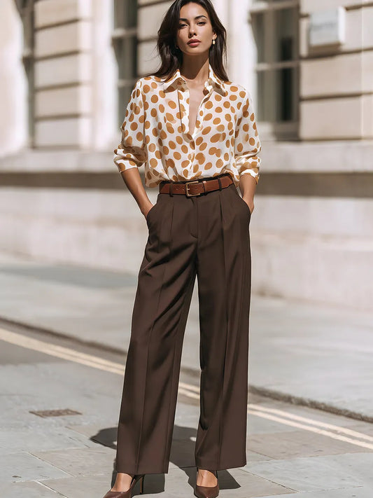 Polka Dot Button-Front Blouse With Tailored Wide-Leg Trousers Set