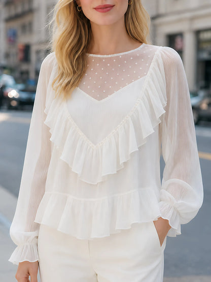 Dot-Jacquard Chiffon Ruffle Blouse