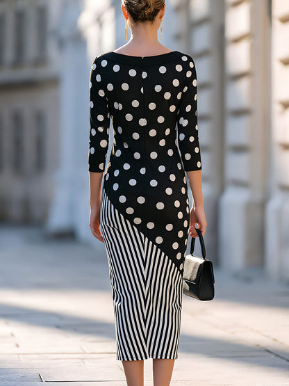 Mixed-Print Asymmetrical Midi Dress