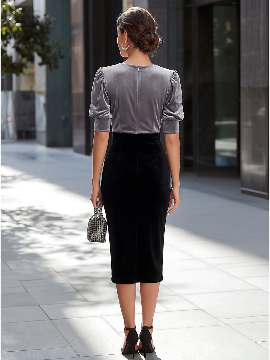 Wrap-Front Puff-Sleeve Velvet Midi Dress