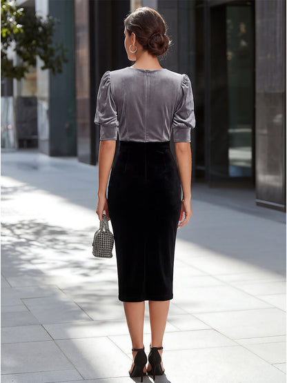Wrap-Front Puff-Sleeve Velvet Midi Dress
