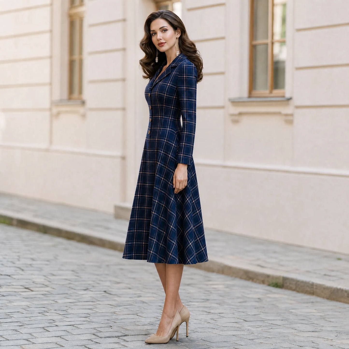 Notched Lapel Plaid Long Sleeve Button Front Fit & Flare Midi Dress
