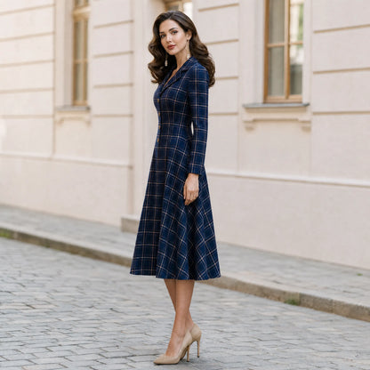 Notched Lapel Plaid Long Sleeve Button Front Fit & Flare Midi Dress