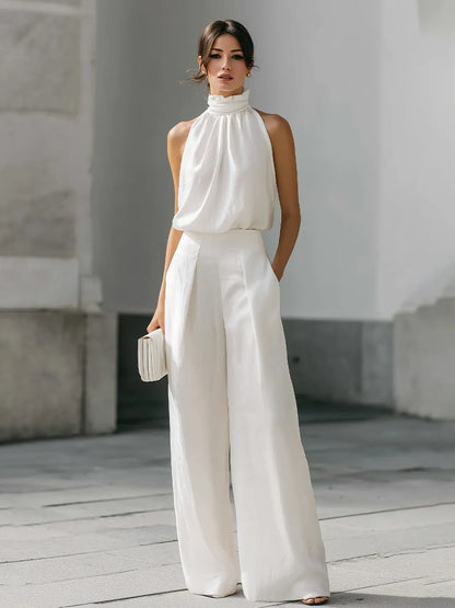 High-Neck Halter Top And Wide-Leg Trousers Set With Fluid Silhouette