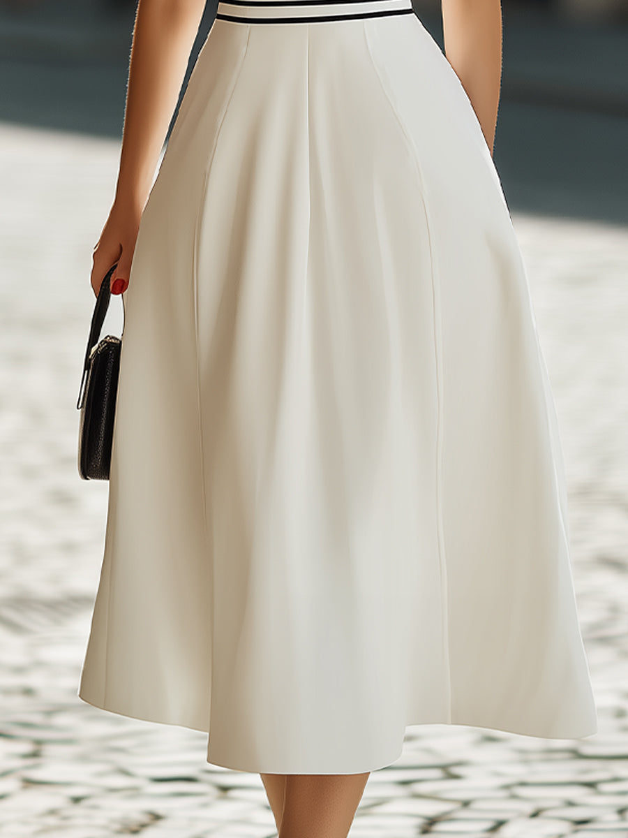 Deep V-Neck Black Trim Short-Sleeve A-Line Midi Dress