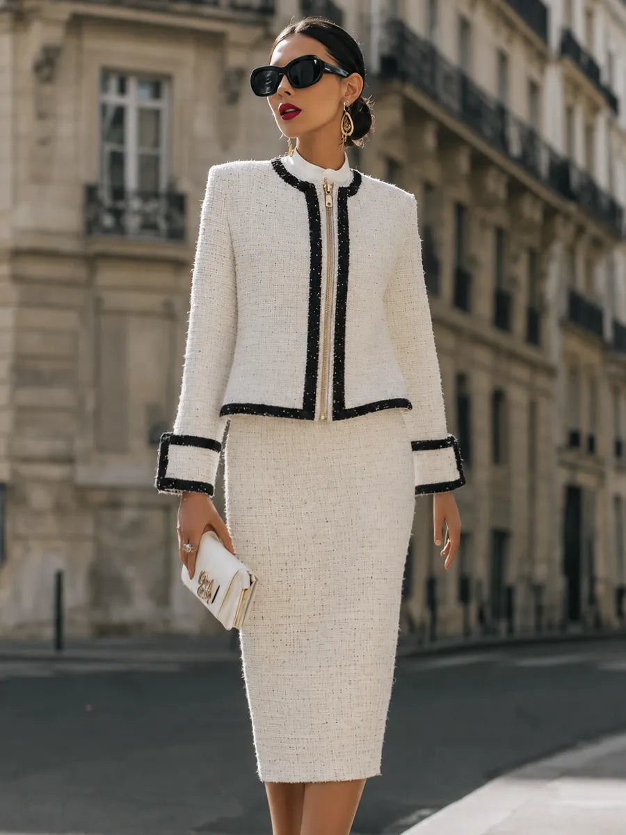 Contrast-Trim Zip-Front Jacket And Pencil Midi Skirt Set
