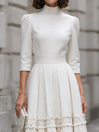 High-Neck Ruffle-Trim Pleated Midi Dress