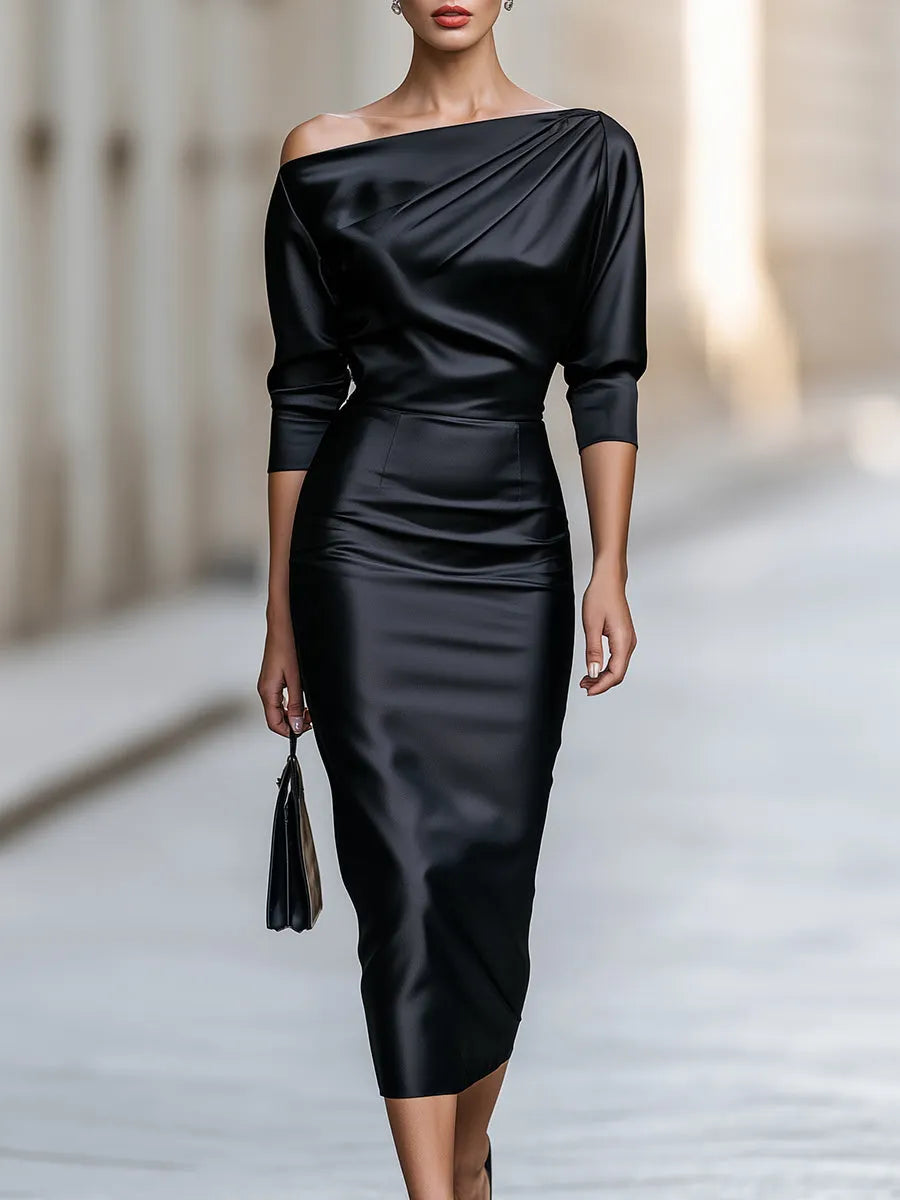 Satin Off Shoulder Ruched 3/4 Sleeve Midi Bodycon Dress