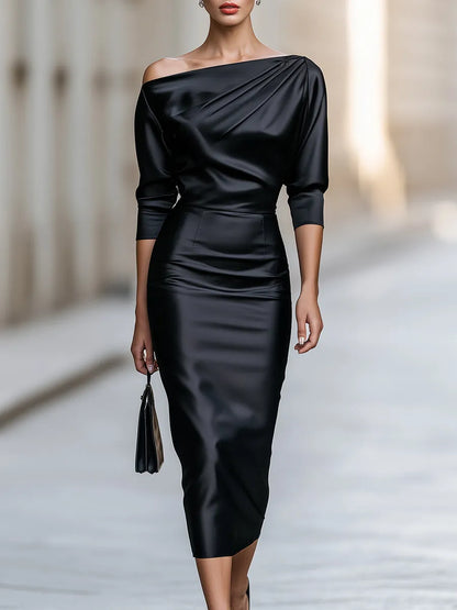 Satin Off Shoulder Ruched 3/4 Sleeve Midi Bodycon Dress