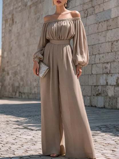 Off-Shoulder Cotton Blend Wide-Leg Jumpsuit
