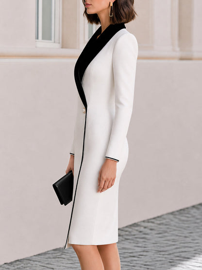 Elegant Long Sleeve Contrast Collar Bodycon Blazer Dress