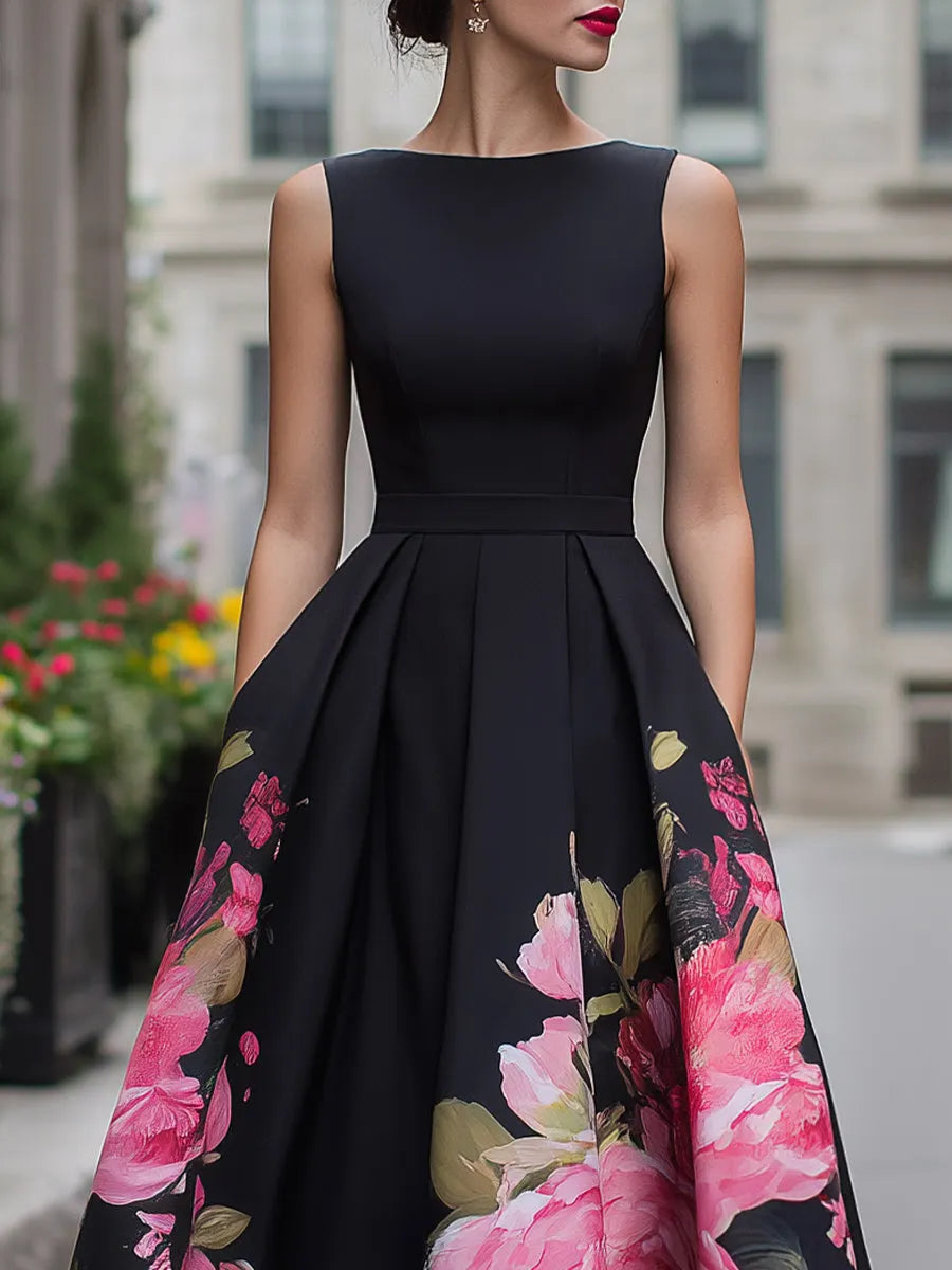Elegant Sleeveless Midi Dress With Floral Printed Skirt