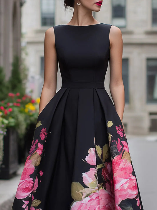 Elegant Sleeveless Midi Dress With Floral Printed Skirt