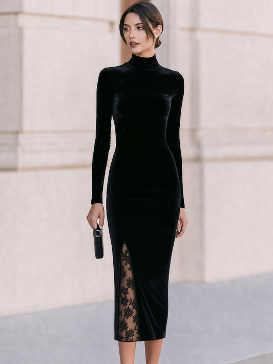 Velvet Lace Slit Turtleneck Midi Dress
