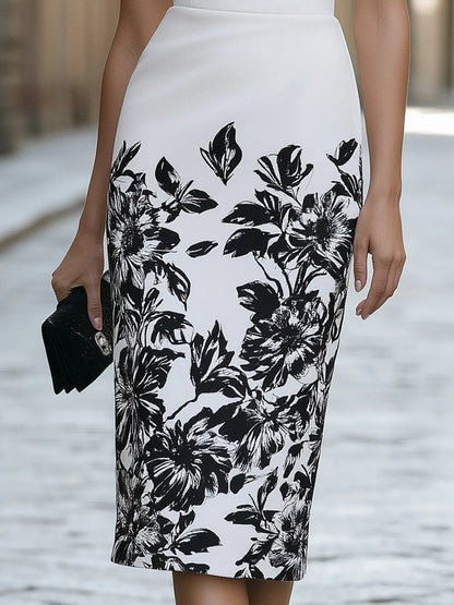 Elegant Boat Neck Sleeveless Floral Contrast Midi Dress Sculpted Silhouette