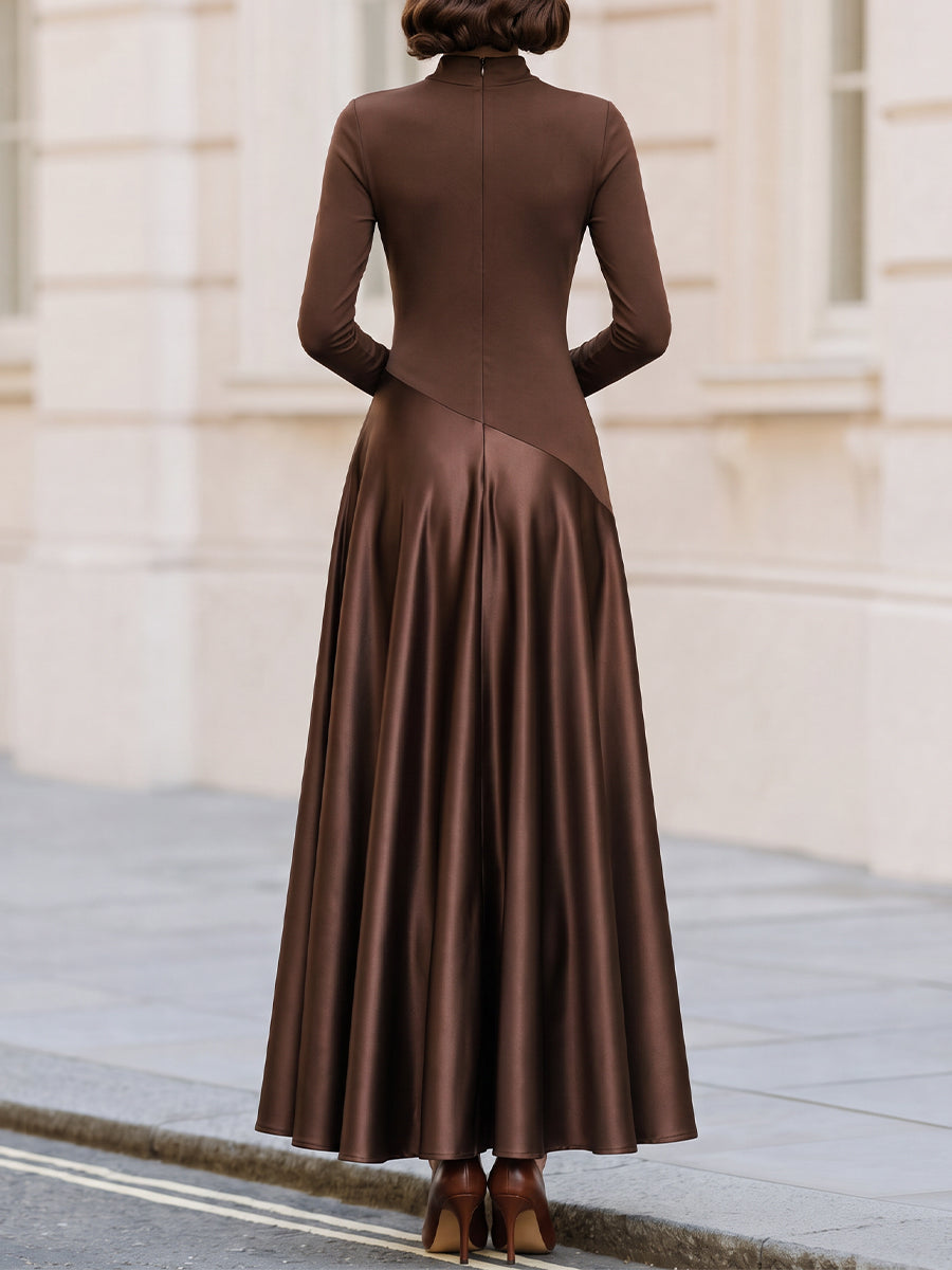 High‐Neck Long‐Sleeve Mixed‐Fabric Satin Maxi Dress