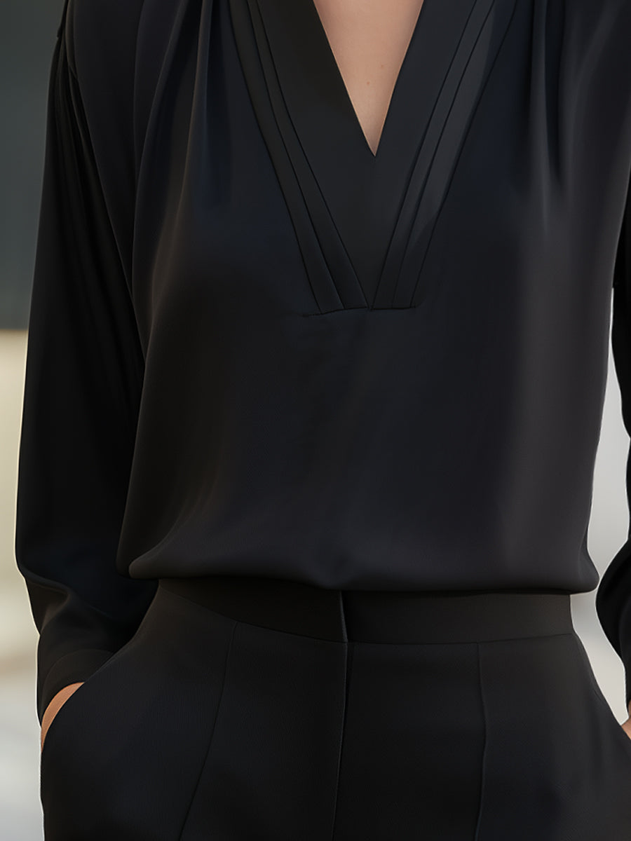 Layered Pleat V-Neck Draped Sleeve Blouse