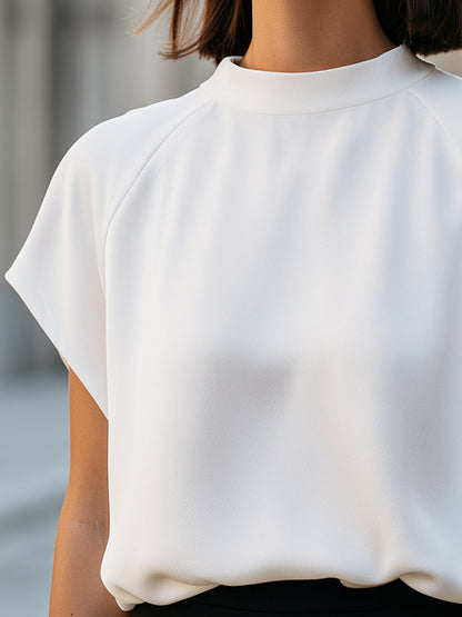 Minimalist High-Neck Cap Sleeve Blouse With Relaxed Blouson Hem