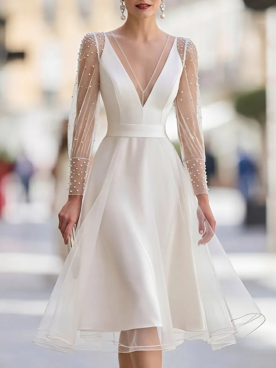 Pearl-Embellished Sheer Tulle Sleeve A-Line Midi Dress